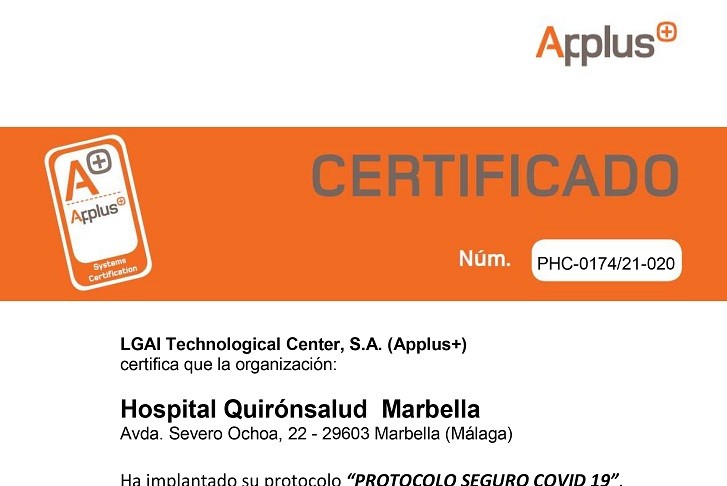 Certificado protocolo seguro Covid Marbella Quironsalud